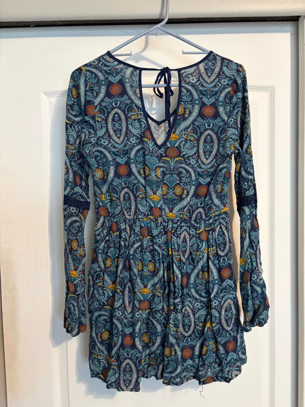 Band of Gypsies Teal Paisley Long-Sleeve Mini Dress with Mustard Accents